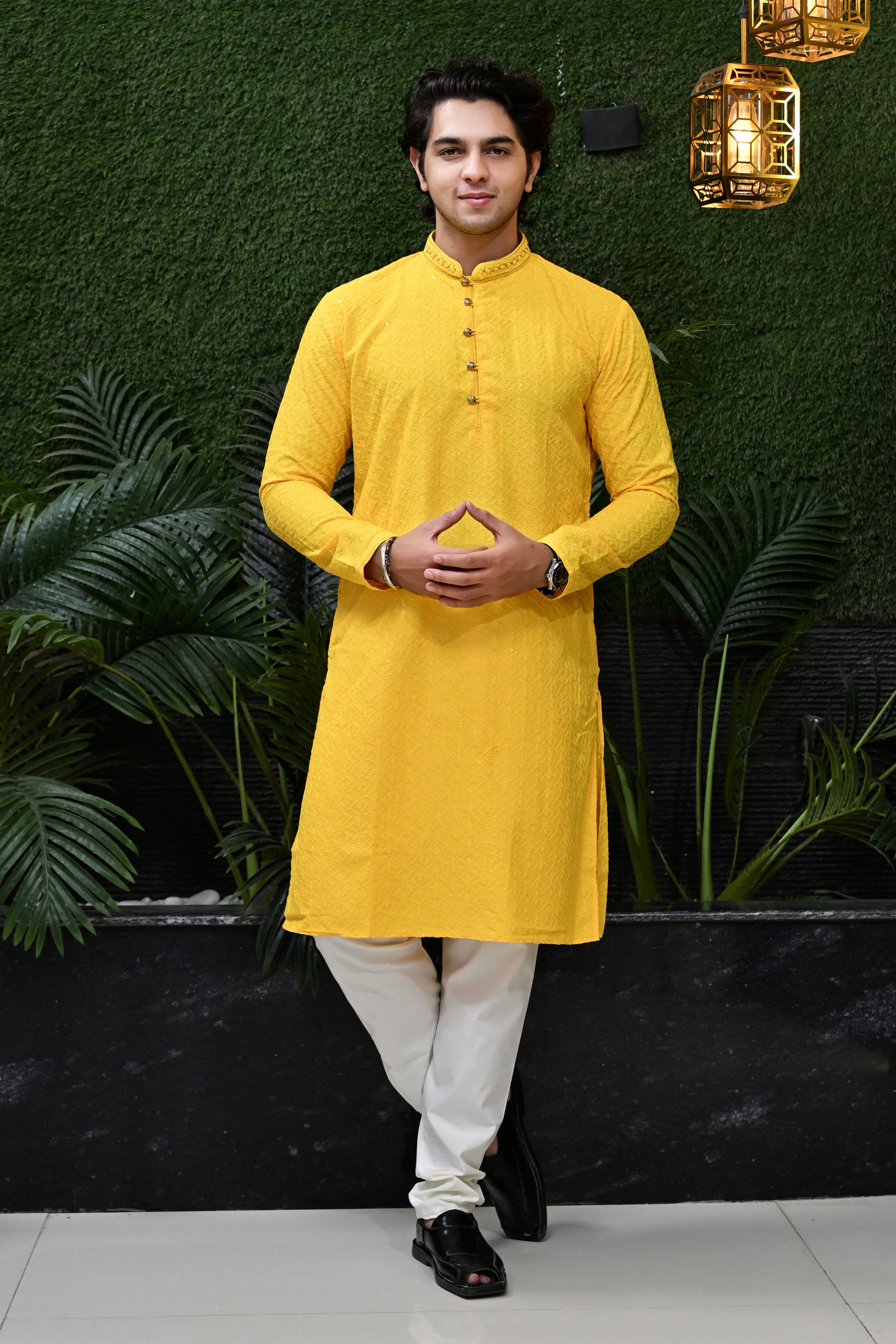 Men's Mustard Yellow Jacquard Kurta Pajama