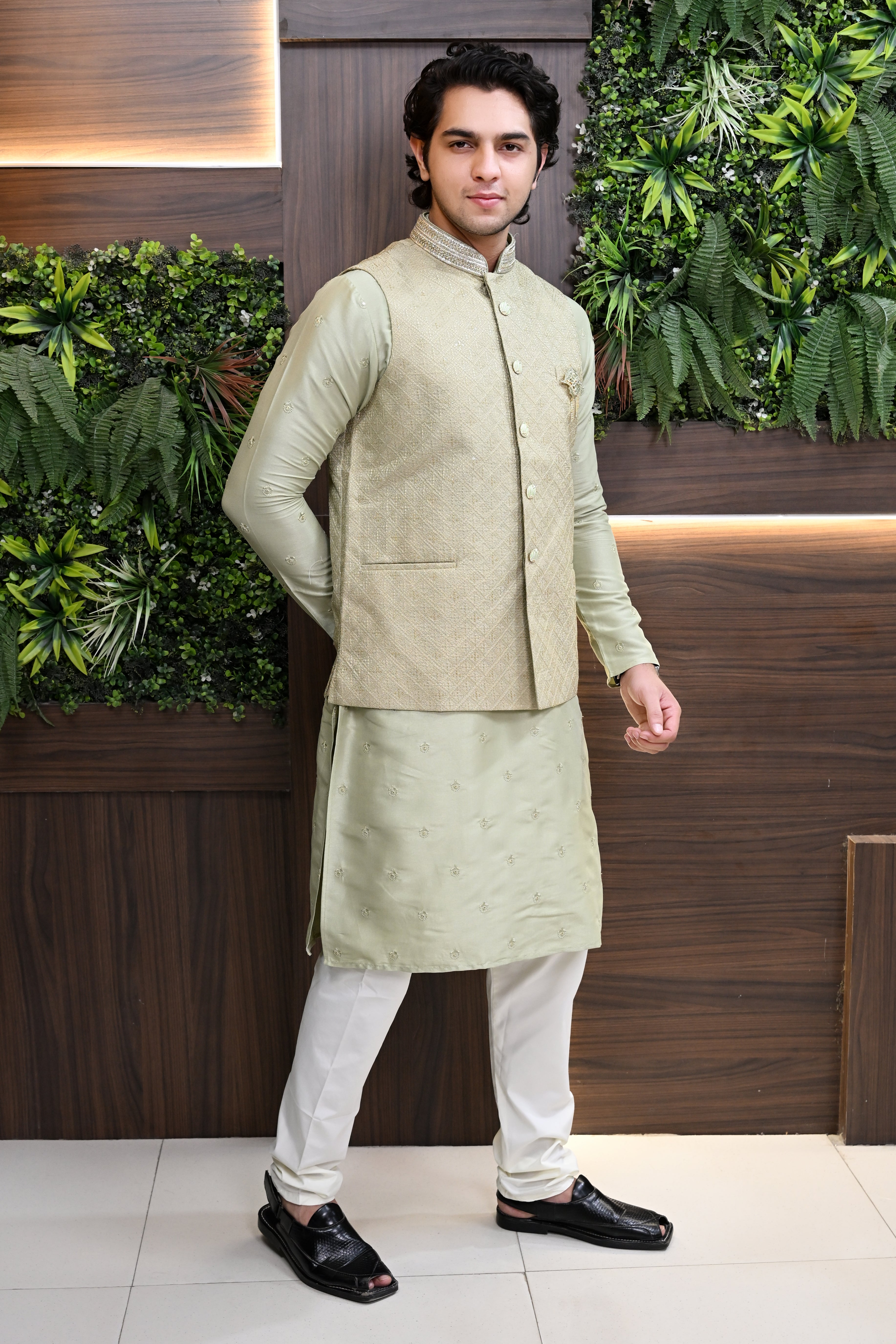 Men's Beige Embroidered Waist Coat