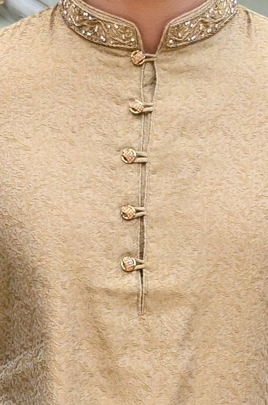 Men's Beige Jacquard Embroidered Kurta Pajama