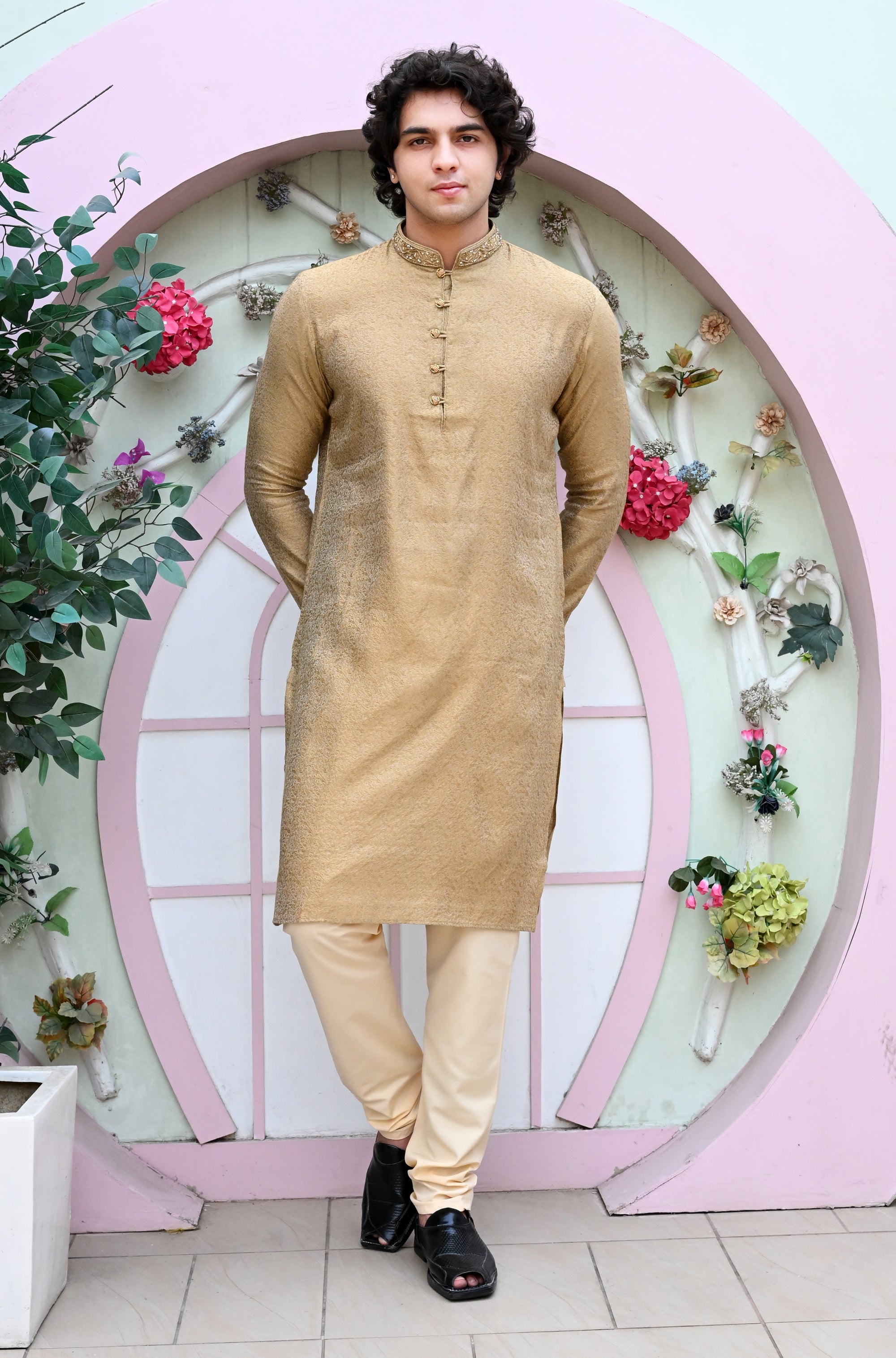 Men's Beige Jacquard Embroidered Kurta Pajama