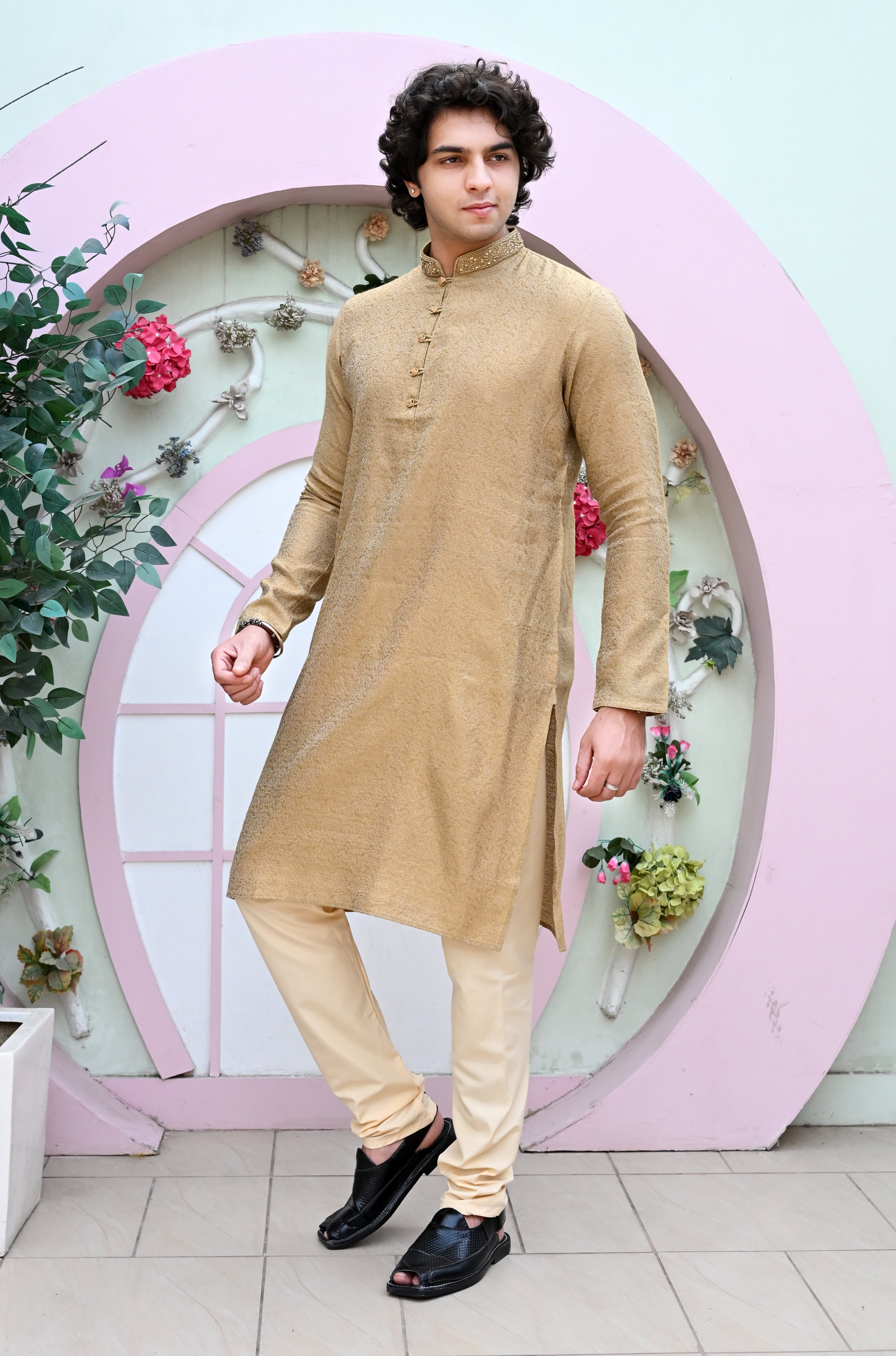 Men's Beige Jacquard Embroidered Kurta Pajama Secondary image