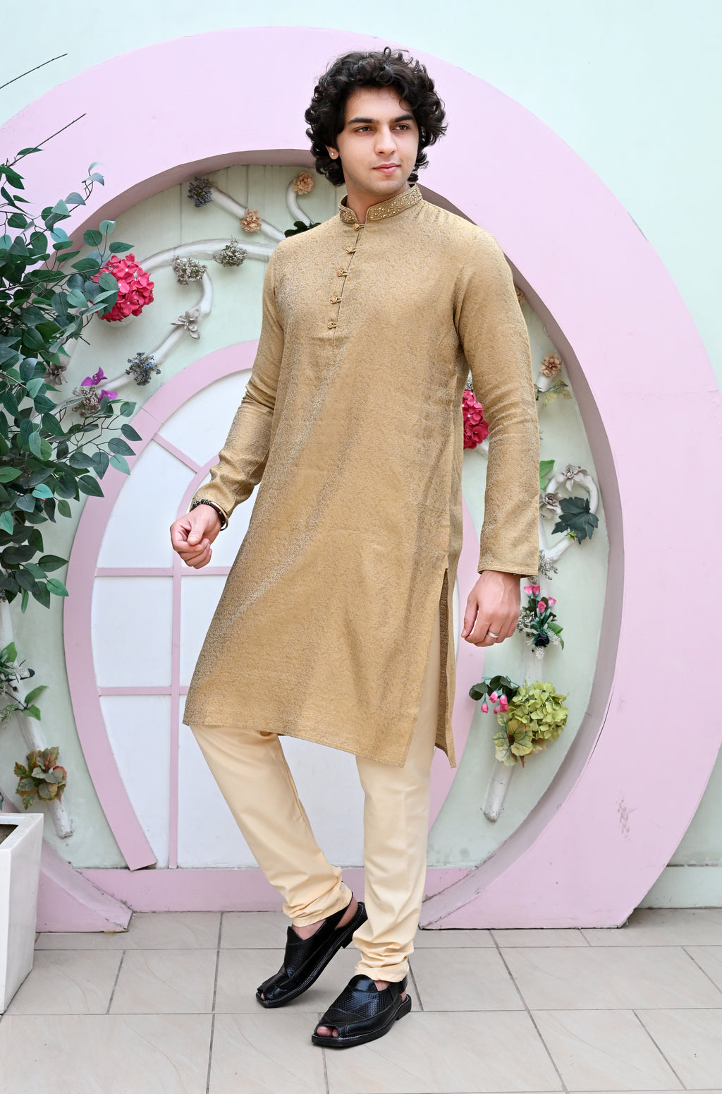 Men's Beige Jacquard Embroidered Kurta Pajama