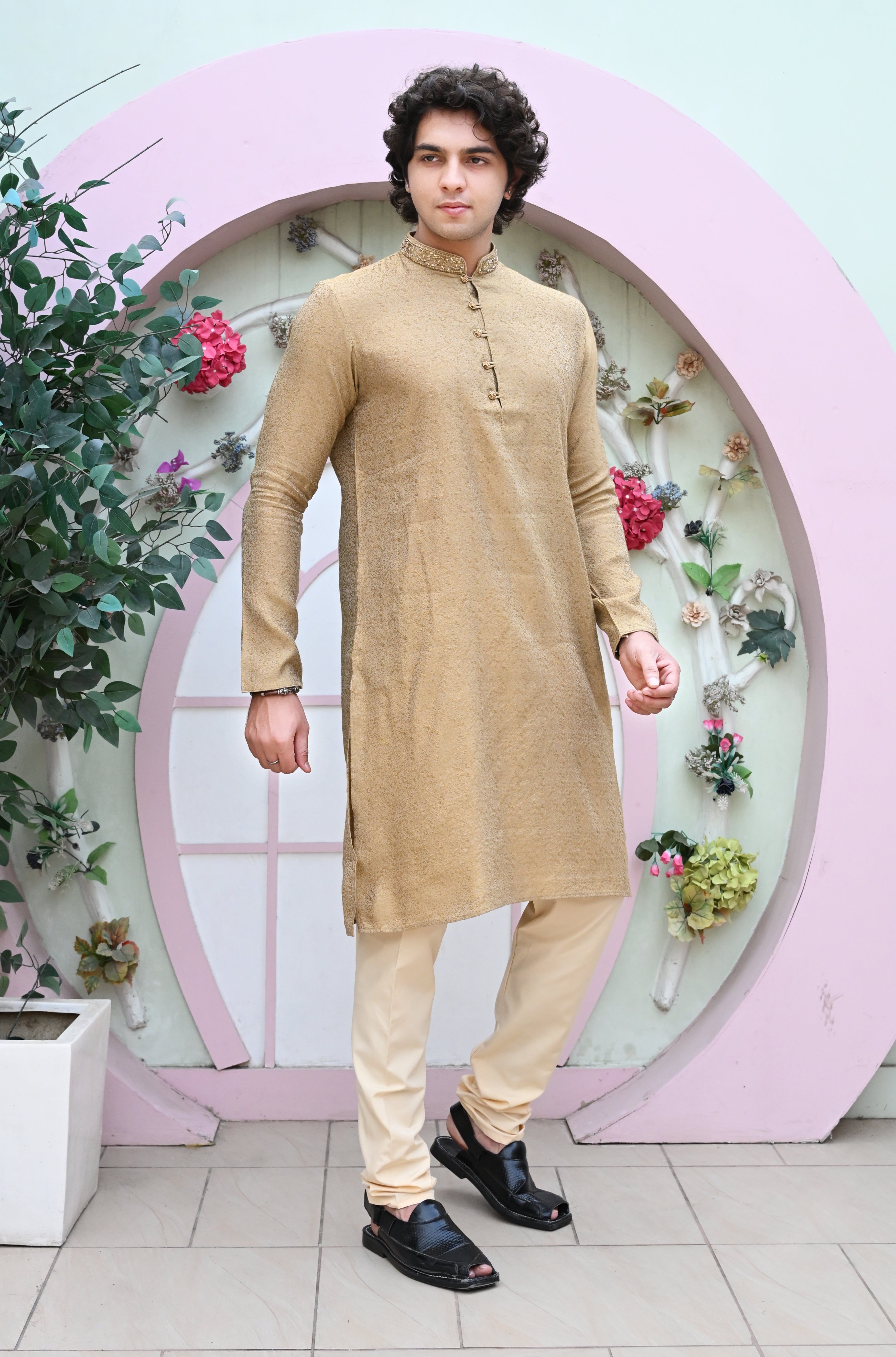Men's Beige Jacquard Embroidered Kurta Pajama