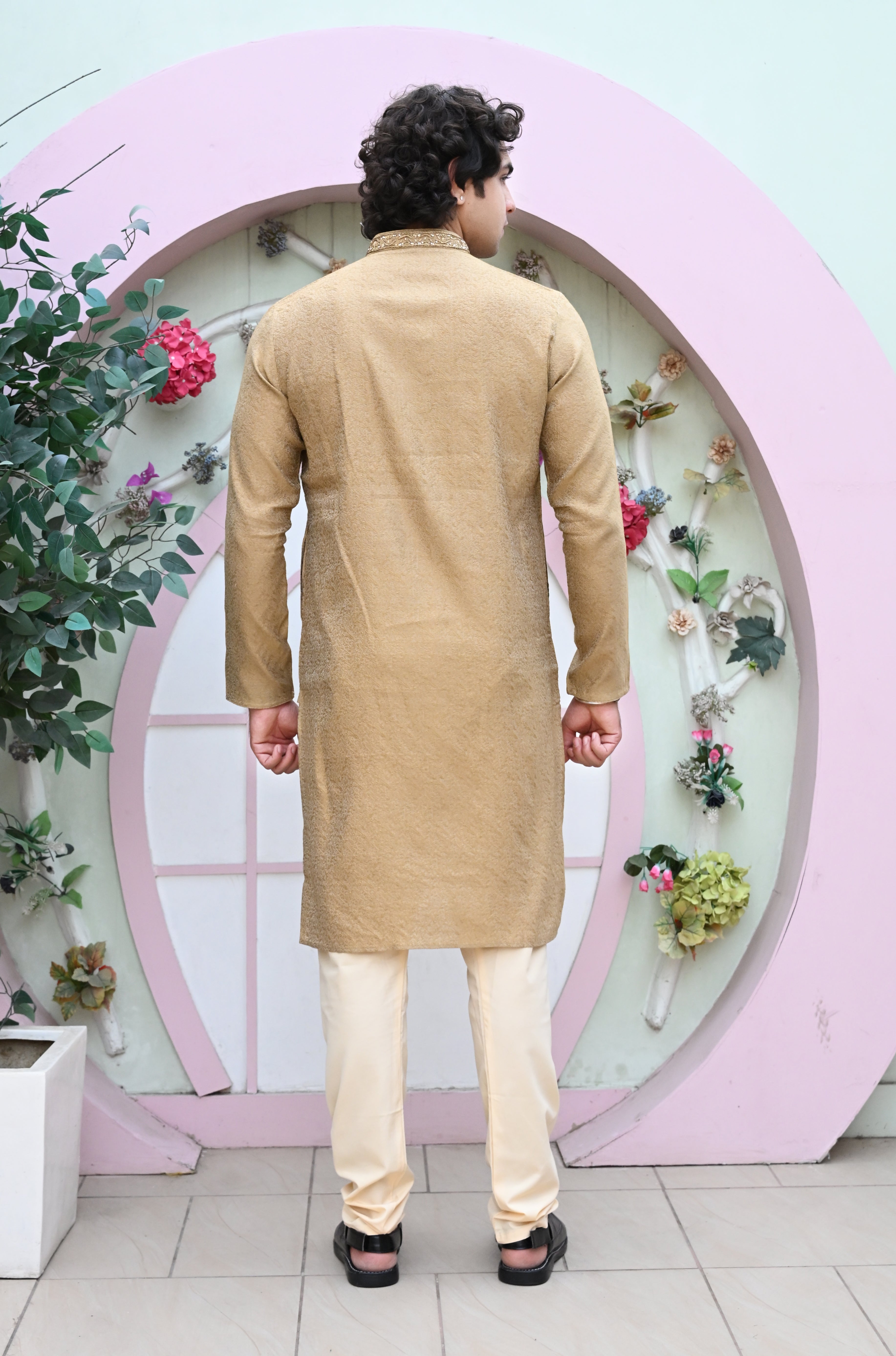 Men's Beige Jacquard Embroidered Kurta Pajama