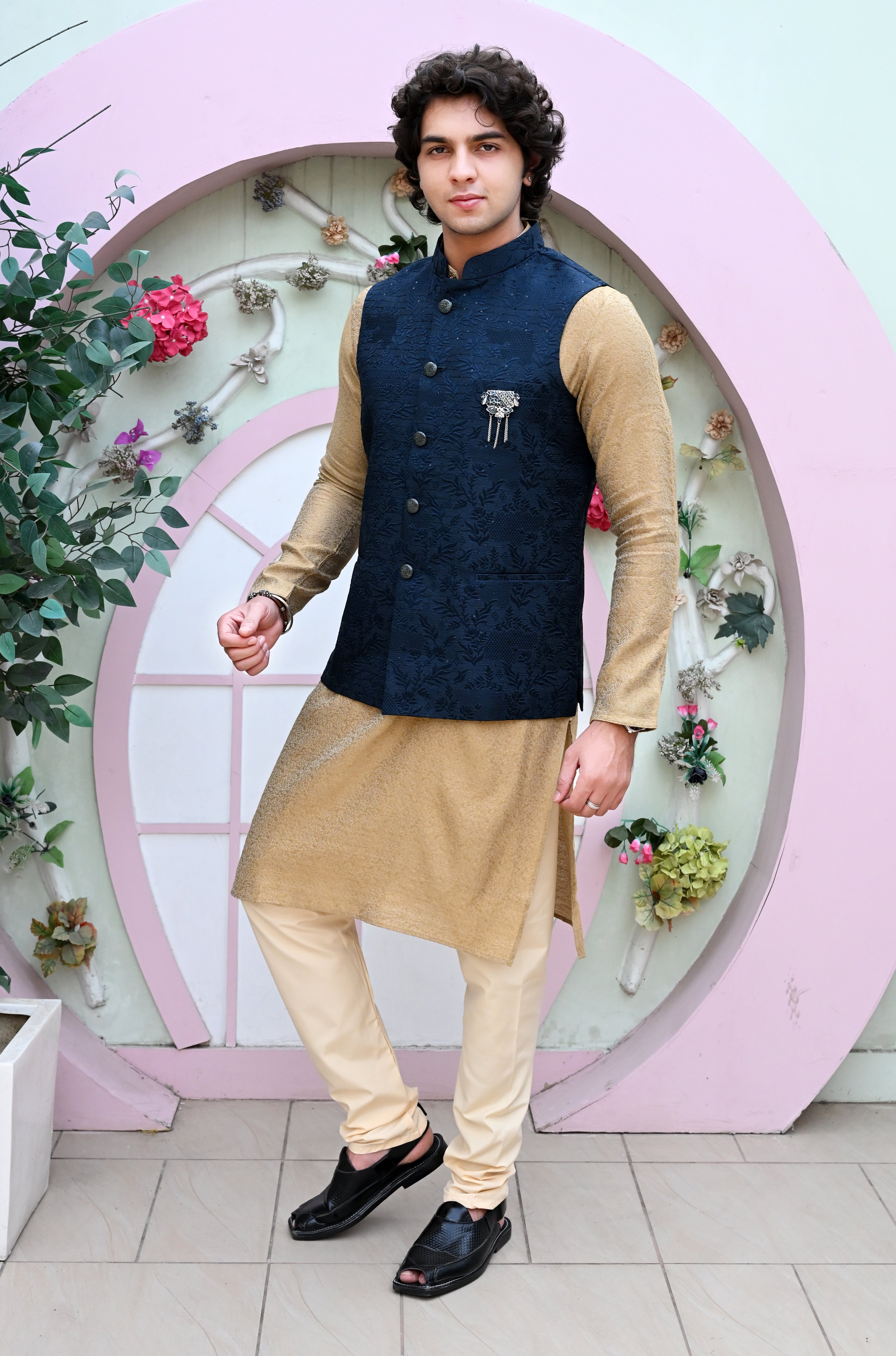 Men's Navy Blue Printed Waist Coat