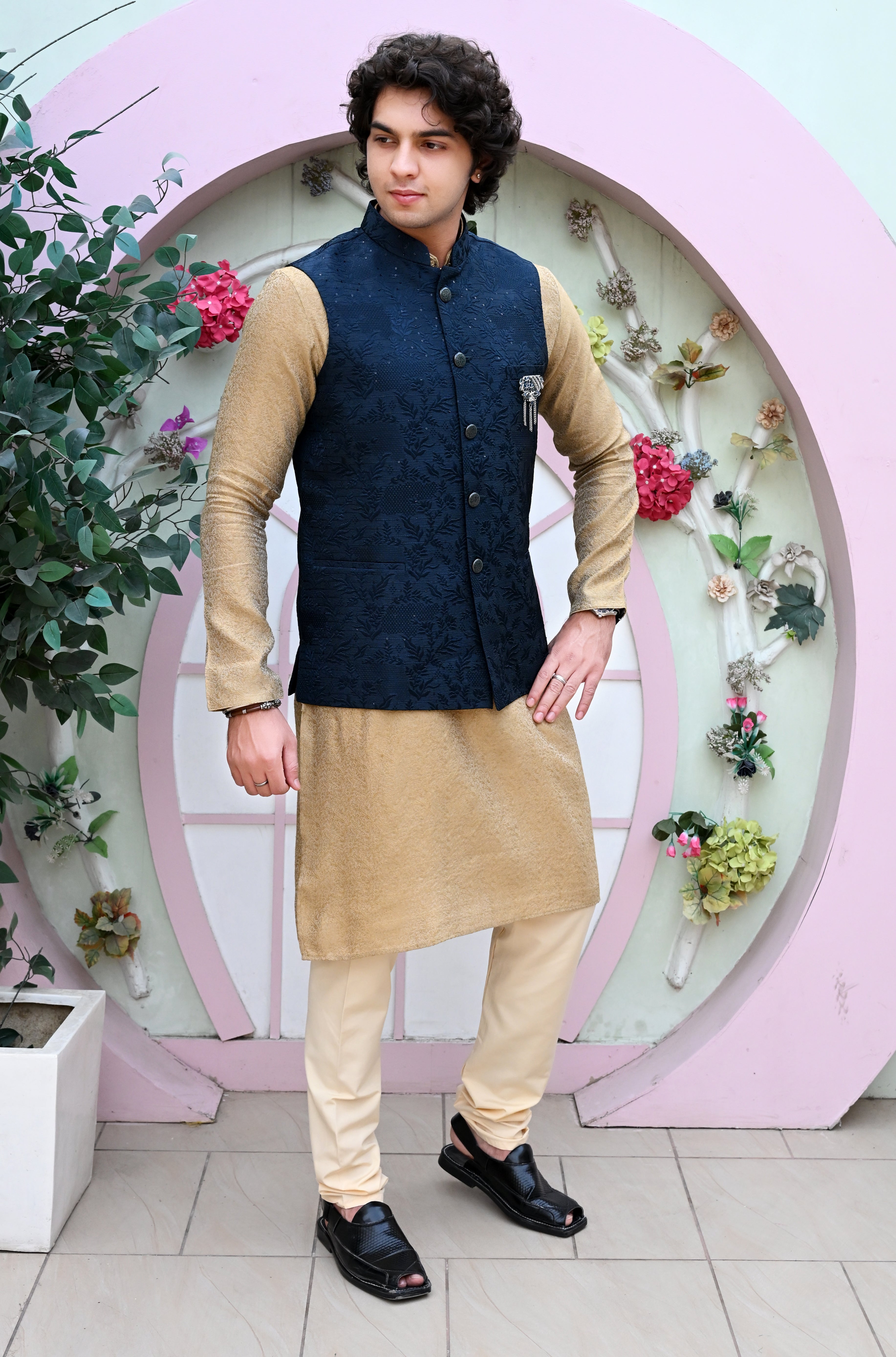 Men's Navy Blue Printed Waist Coat