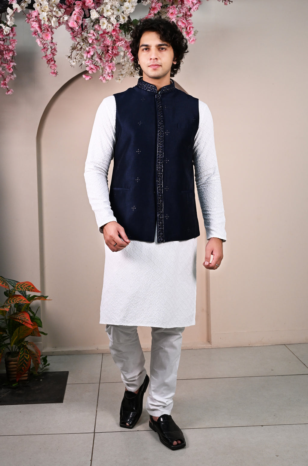Men's Blue Sequins Embroidered Waist Coat