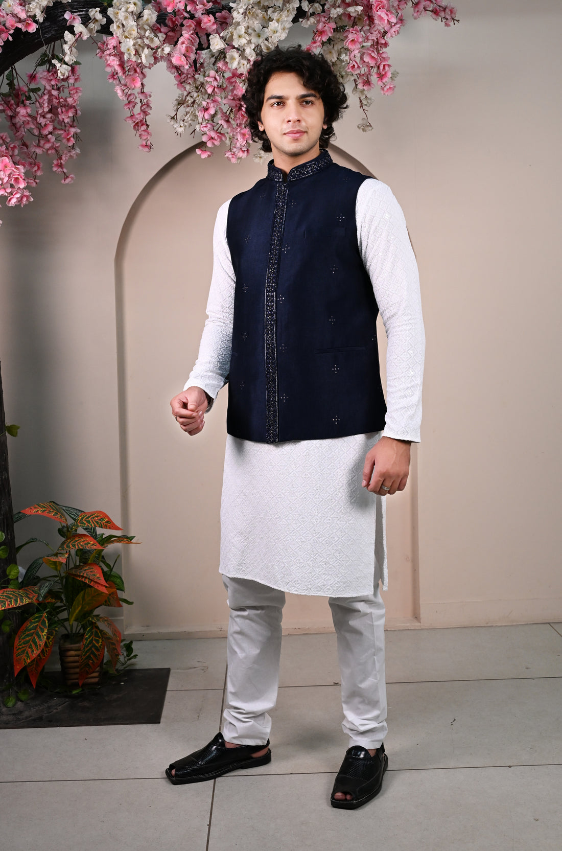 Men's Blue Sequins Embroidered Waist Coat