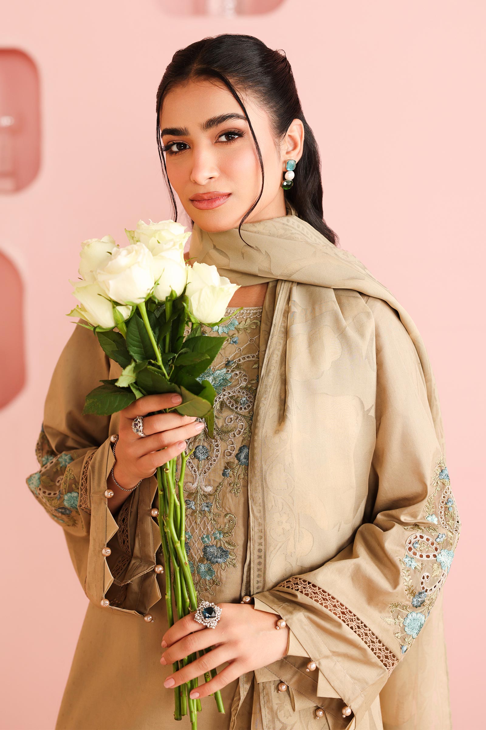 Maria B | Pre Fall Dresses | 3 Piece Embroidered Dobby Suit Coffee