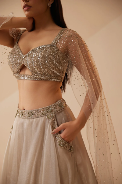 Beige color ruffle dupatta lehenga