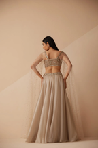 Beige color ruffle dupatta lehenga