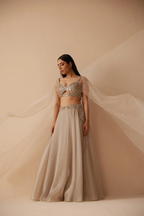 Beige color ruffle dupatta lehenga