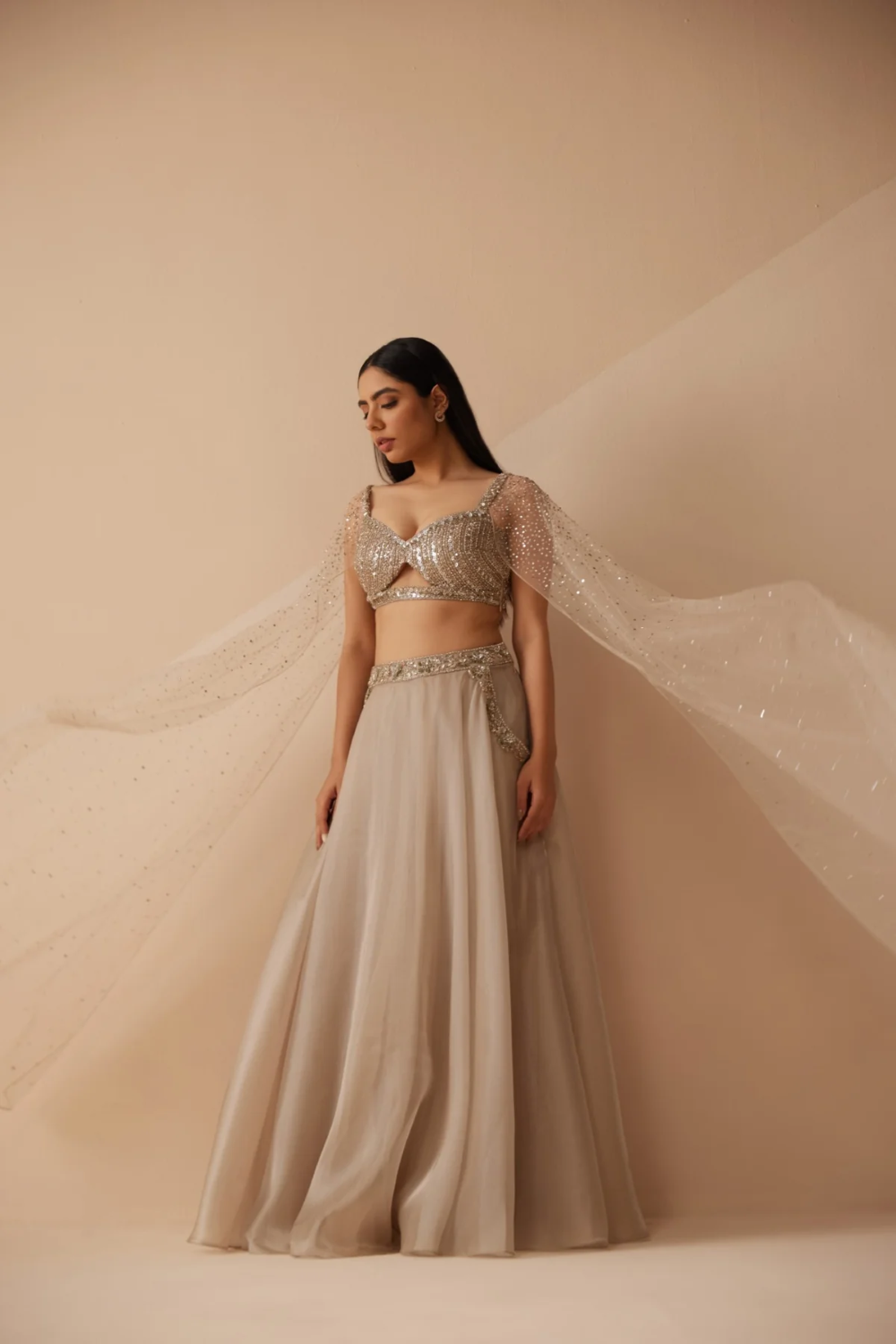 Beige color ruffle dupatta lehenga