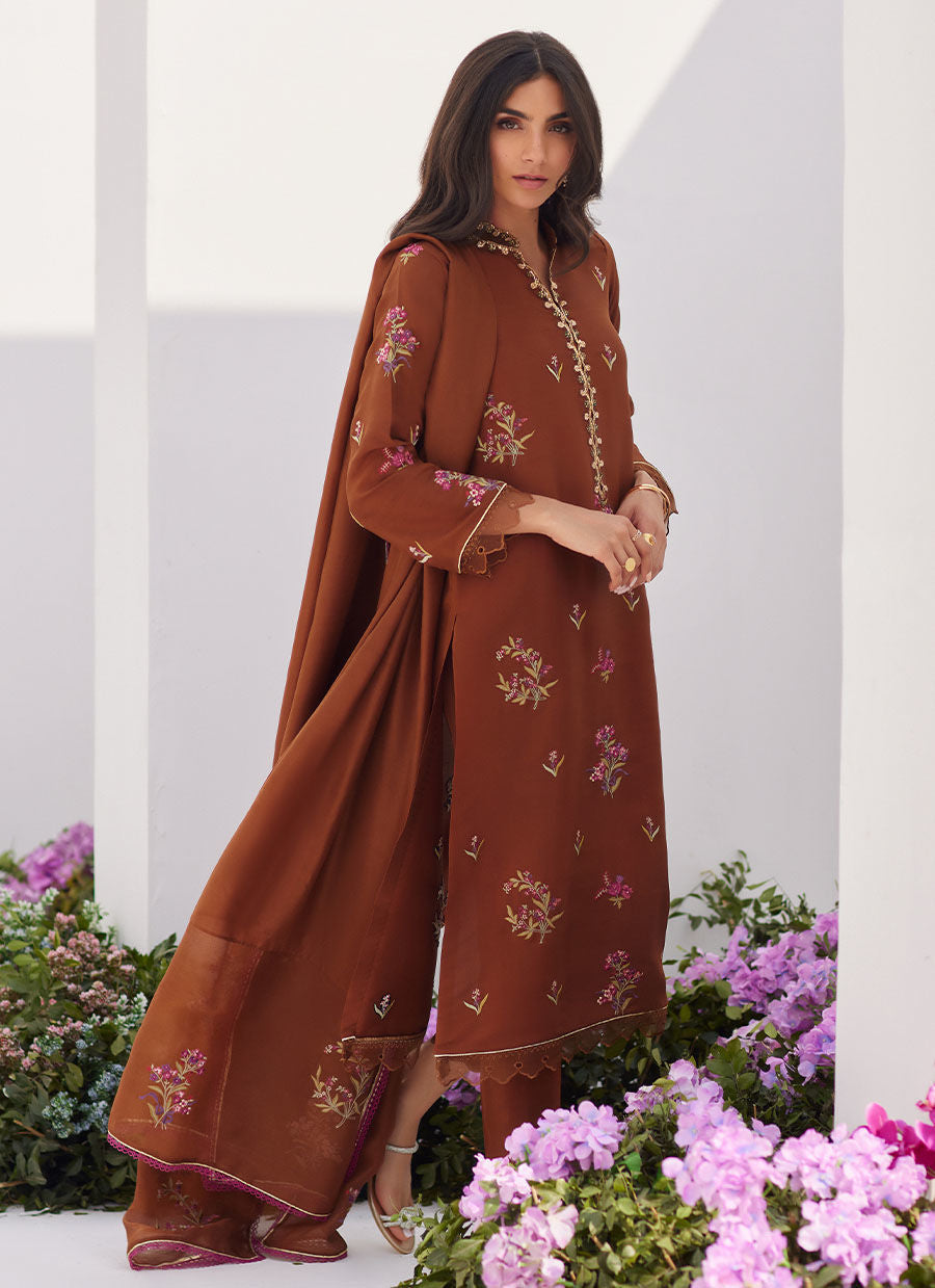 Farah Talib Aziz | Zaza Luxe Pret 24 | NOEMIE CHOCOLATE EMBROIDERED RAW SILK SHIRT AND DUPATTA