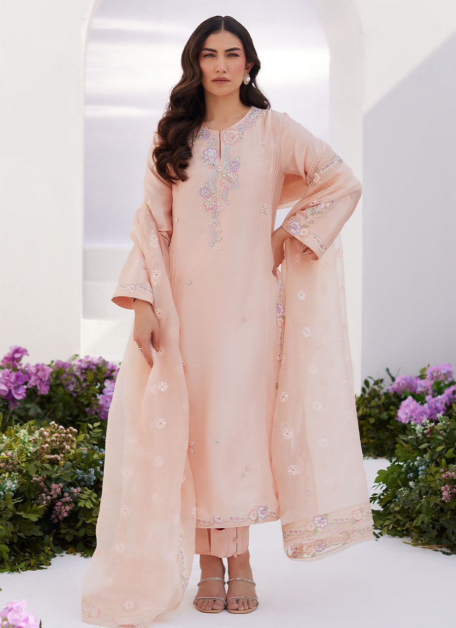 Farah Talib Aziz | Zaza Luxe Pret 24 | ELEA PEACH EMBROIDERED RAW SILK SHIRT AND DUPATTA