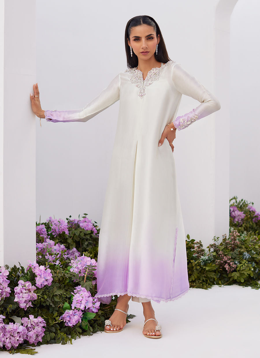 Farah Talib Aziz | Zaza Luxe Pret 24 | LIQUE SILVER OMBRE EMBELLISHED KAFTAAN CUT SHIRT