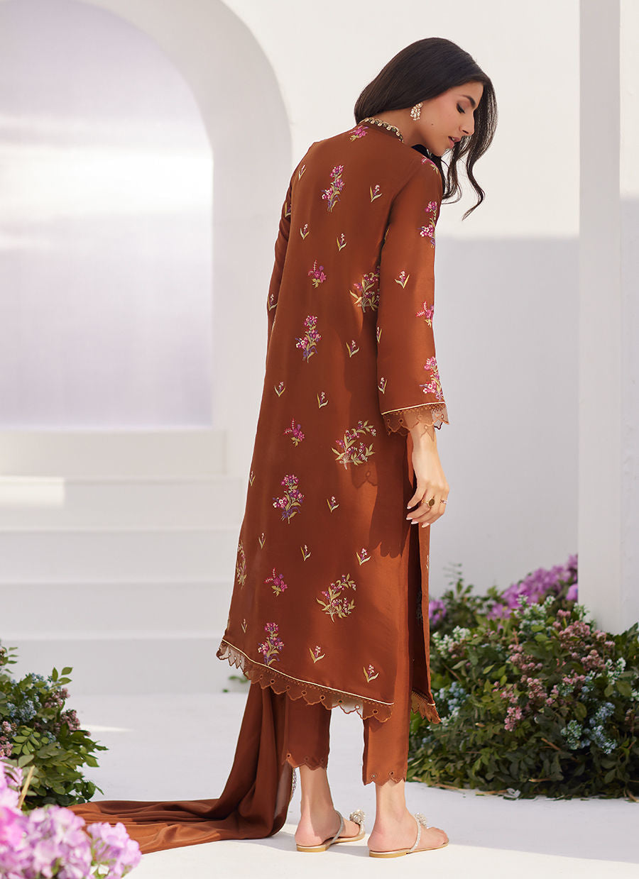 Farah Talib Aziz | Zaza Luxe Pret 24 | NOEMIE CHOCOLATE EMBROIDERED RAW SILK SHIRT AND DUPATTA