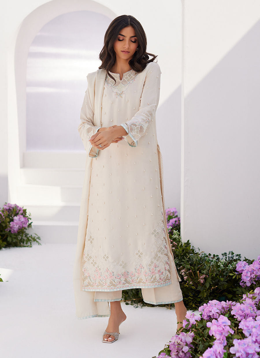 Farah Talib Aziz | Zaza Luxe Pret 24 | LYA IVORY EMBELLISHED RAW SILK SHIRT AND DUPATTA