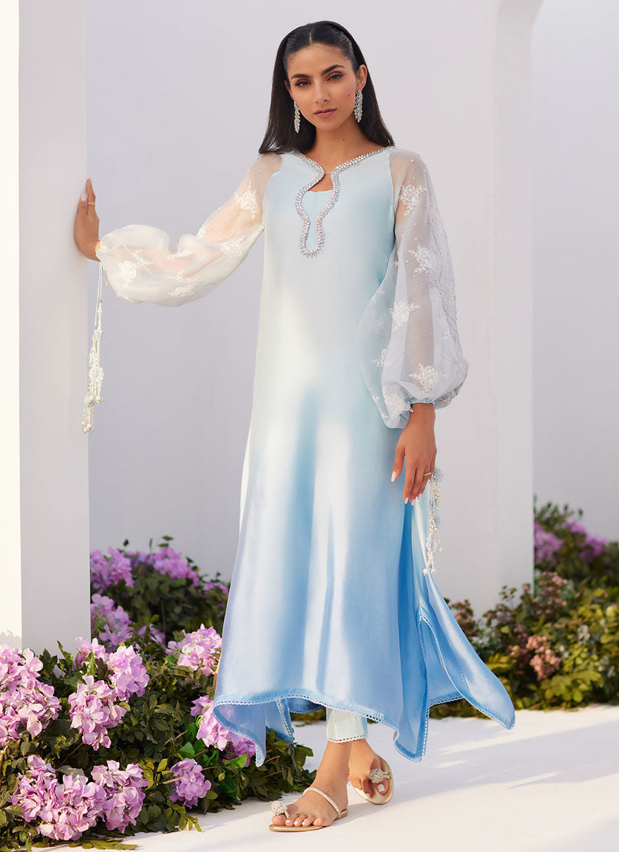 Farah Talib Aziz | Zaza Luxe Pret 24 |  BOW OMBRE BLUE EMBELLISHED KAFTAN CUT SHIRT