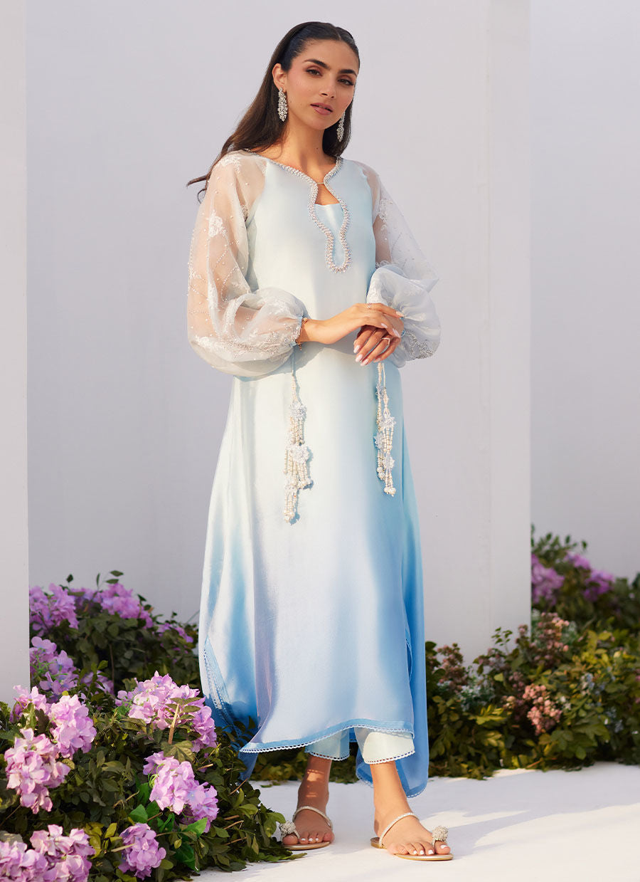 Farah Talib Aziz | Zaza Luxe Pret 24 |  BOW OMBRE BLUE EMBELLISHED KAFTAN CUT SHIRT