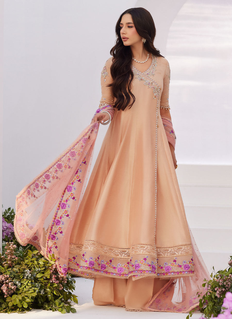 Farah Talib Aziz | Zaza Luxe Pret 24 | LISETTE FAWN EMBELLISHED RAW SILK ANGARKHA AND DUPATTA