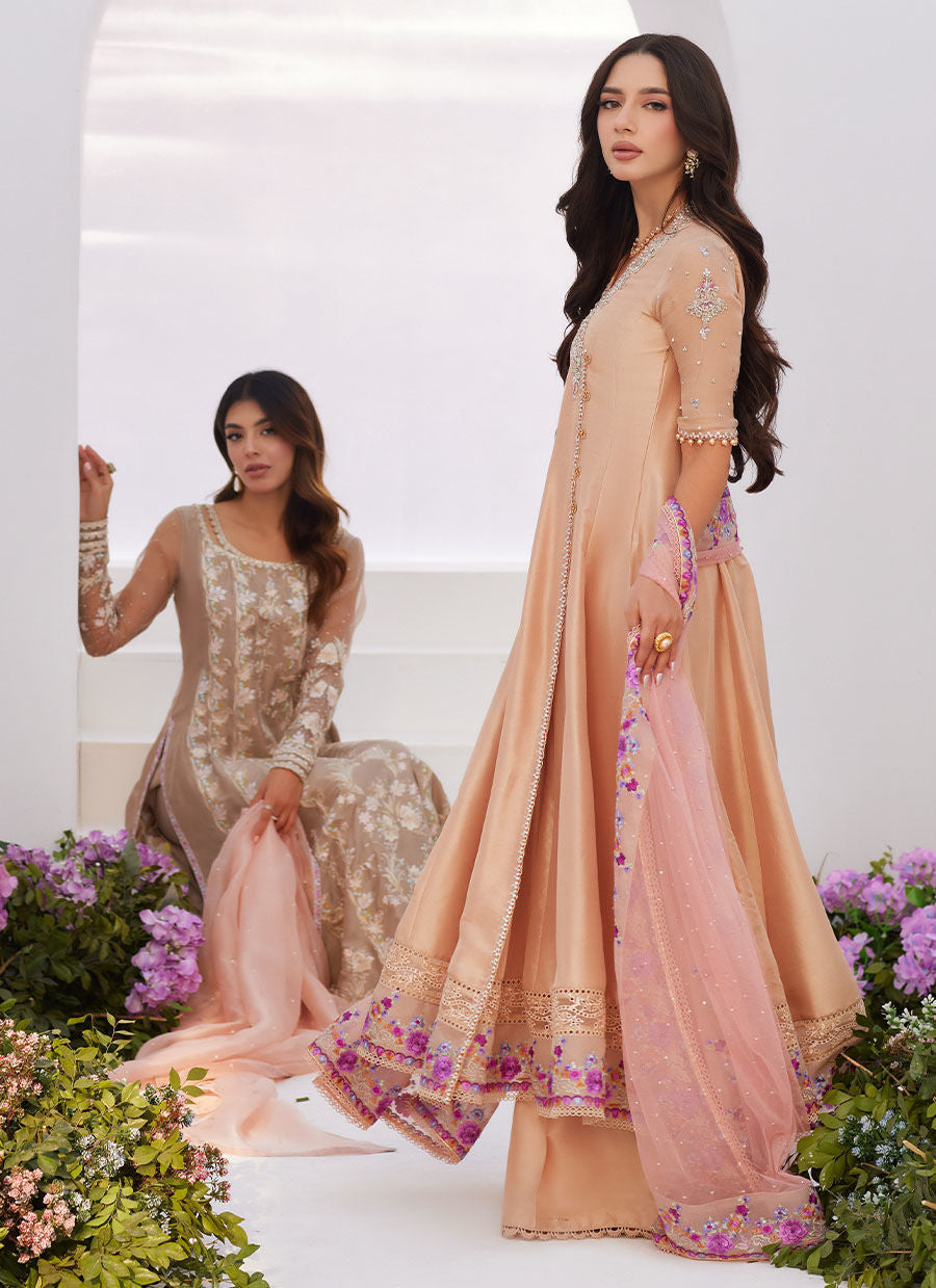 Farah Talib Aziz | Zaza Luxe Pret 24 | LISETTE FAWN EMBELLISHED RAW SILK ANGARKHA AND DUPATTA