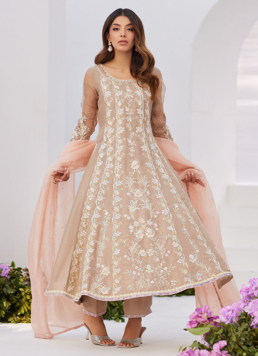 Farah Talib Aziz | Zaza Luxe Pret 24 | CHARLENE SAND EMBROIDERED KALIDAAR WITH DUPATTA