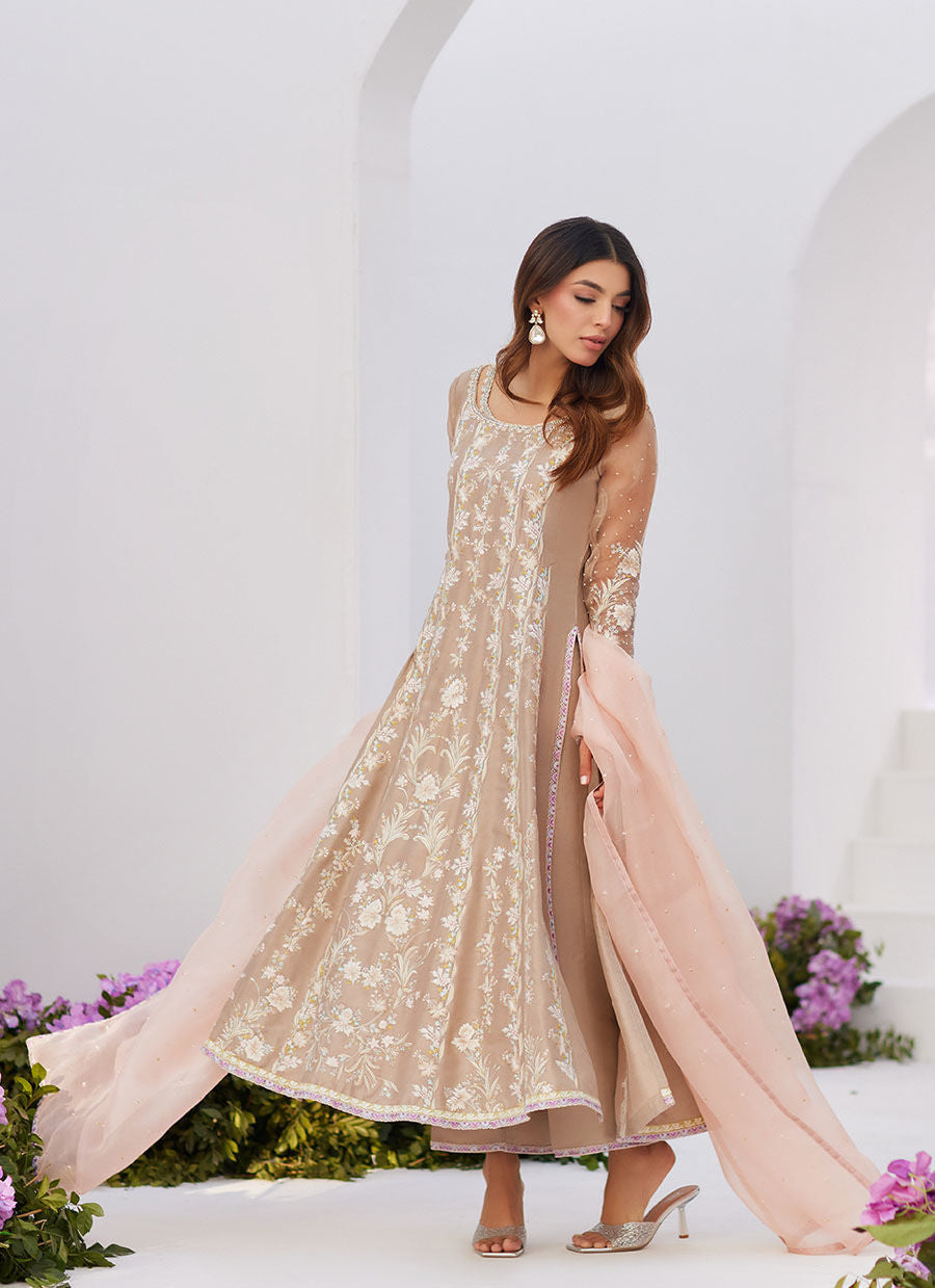 Farah Talib Aziz | Zaza Luxe Pret 24 | CHARLENE SAND EMBROIDERED KALIDAAR WITH DUPATTA