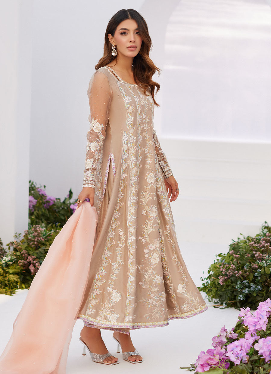 Farah Talib Aziz | Zaza Luxe Pret 24 | CHARLENE SAND EMBROIDERED KALIDAAR WITH DUPATTA