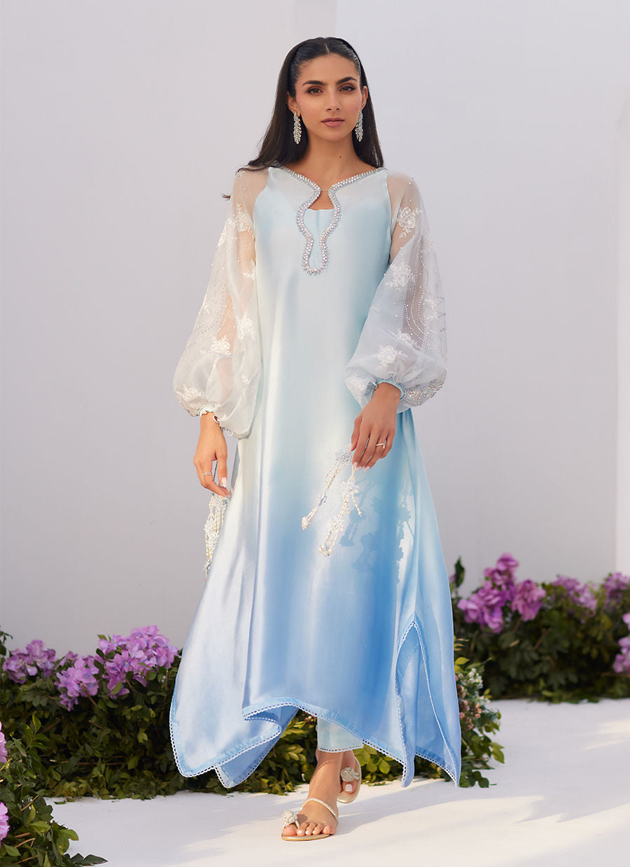 Farah Talib Aziz | Zaza Luxe Pret 24 |  BOW OMBRE BLUE EMBELLISHED KAFTAN CUT SHIRT