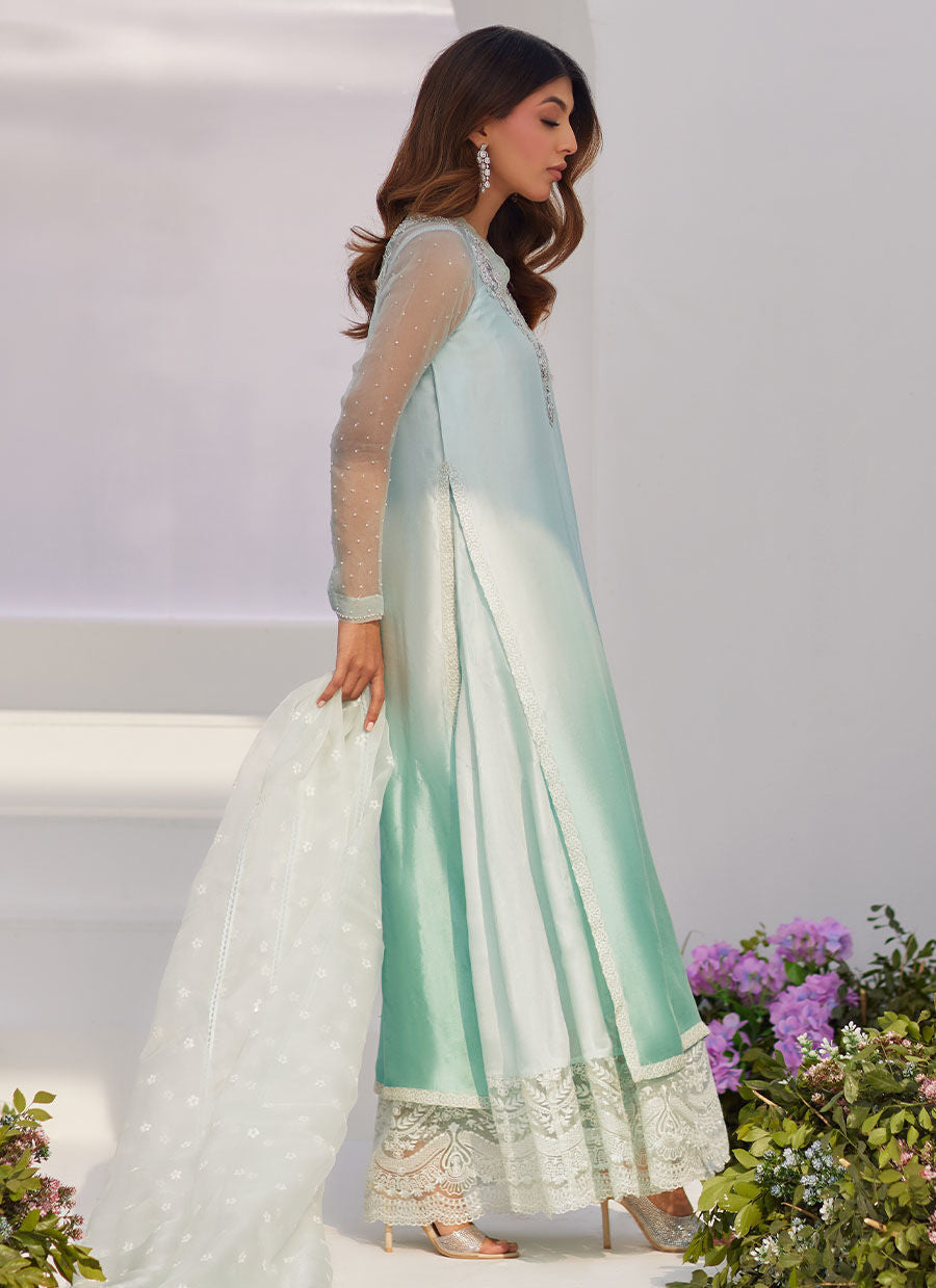 Farah Talib Aziz | Zaza Luxe Pret 24 | SOLENE AQUA OMBRE EMBELLISHED COLUMN SHIRT WITH EMBROIDERED KALIDAAR SLIP