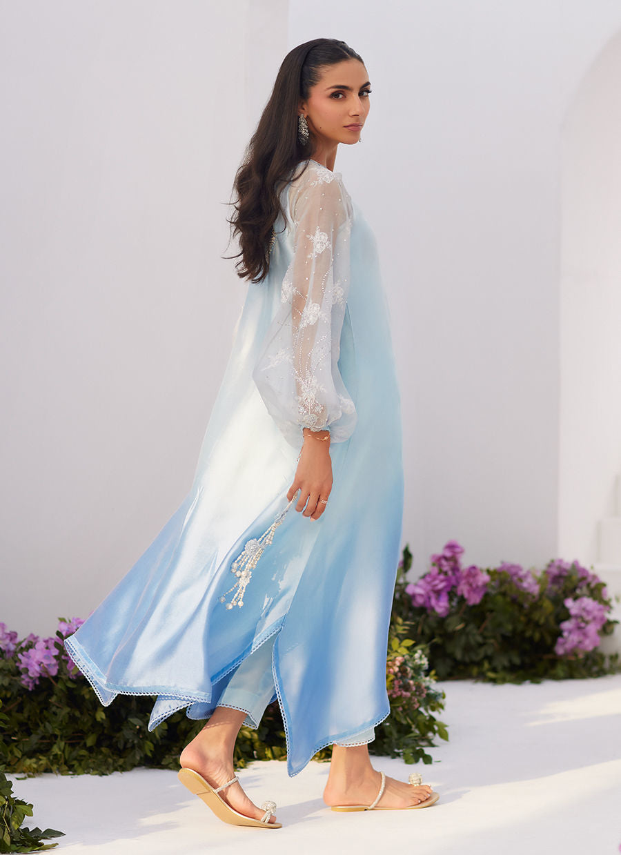 Farah Talib Aziz | Zaza Luxe Pret 24 |  BOW OMBRE BLUE EMBELLISHED KAFTAN CUT SHIRT