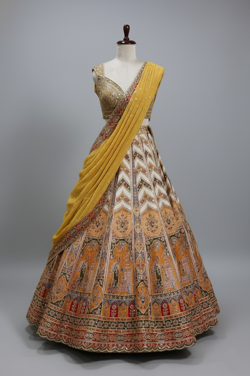 Mustard ensemble adorned with heritage-style embroidery Main image