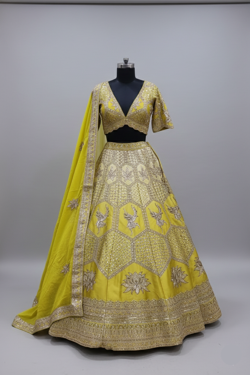 Lime yellow lehenga with heavy mirror embroidery