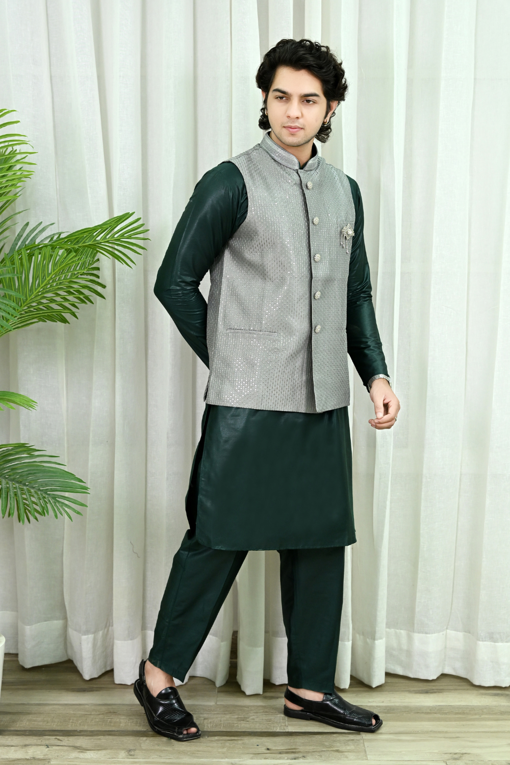 Classic Grey Ethnic Waistcoat with Embroidery