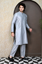 Men Grey Raw Silk Kurta Pajama