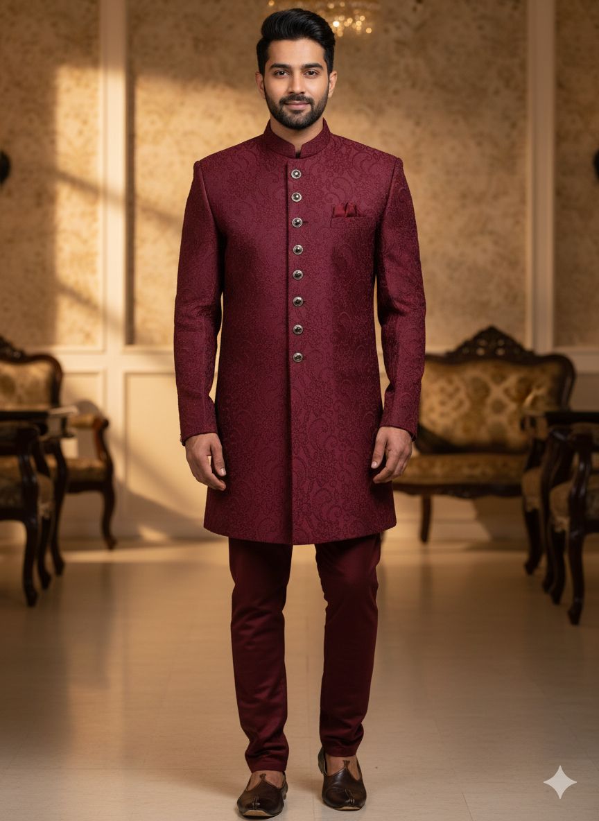• Imperial Maroon Damask sherwni Main image