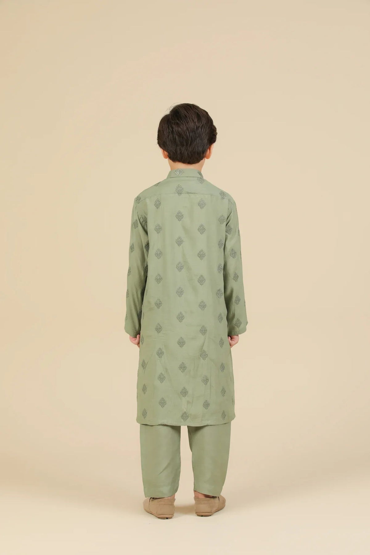 Bahaar - Mint Raw Silk Embroidered Kurta Trouser - Kids