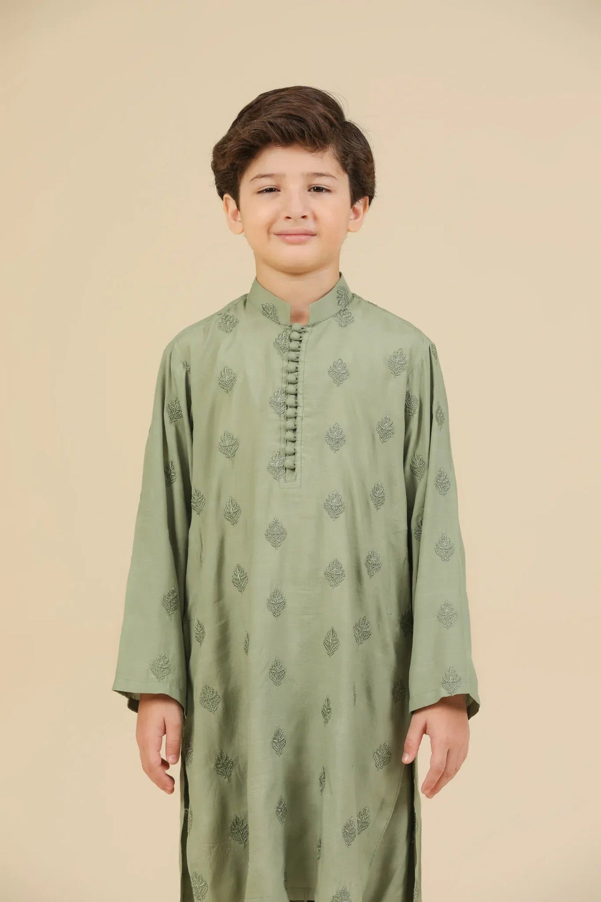 Bahaar - Mint Raw Silk Embroidered Kurta Trouser - Kids
