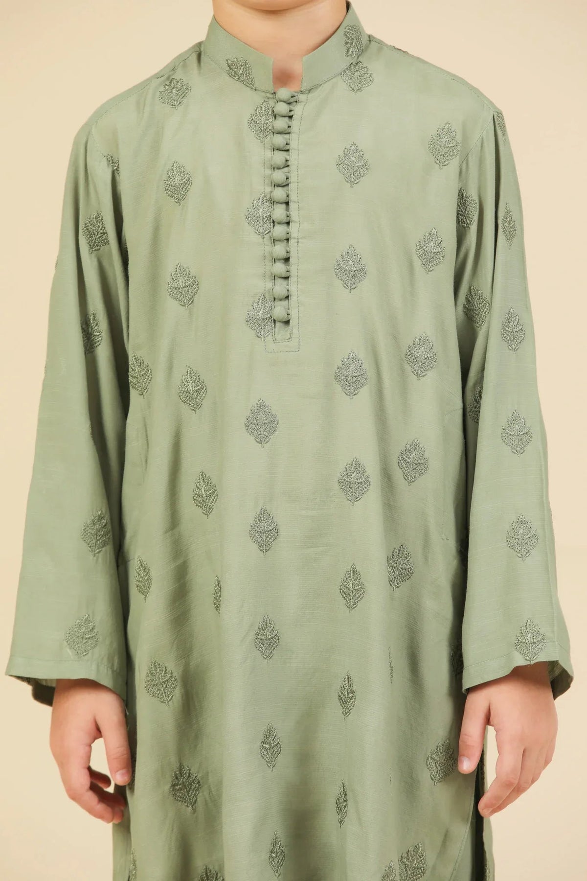 Bahaar - Mint Raw Silk Embroidered Kurta Trouser - Kids