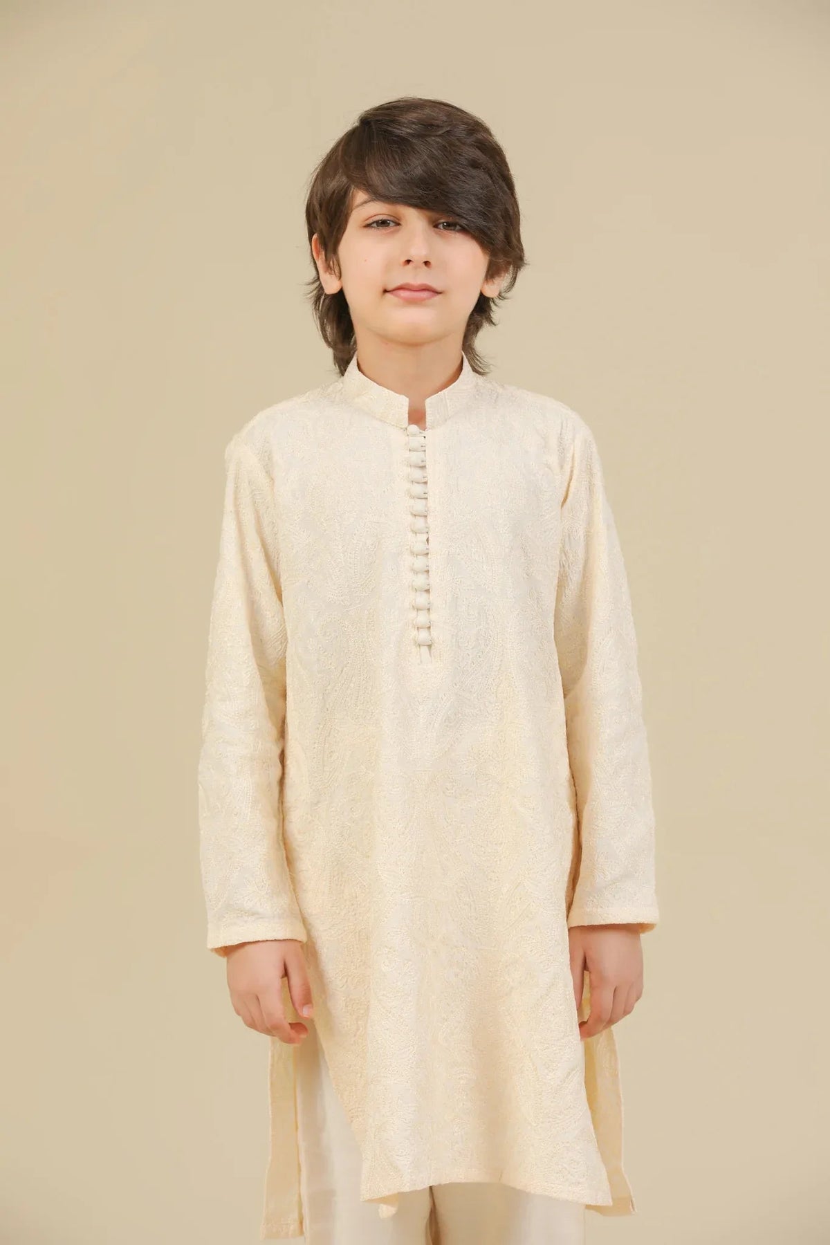 Andaz - Bosky White Raw Silk Embroidered Kurta Trouser - Kids
