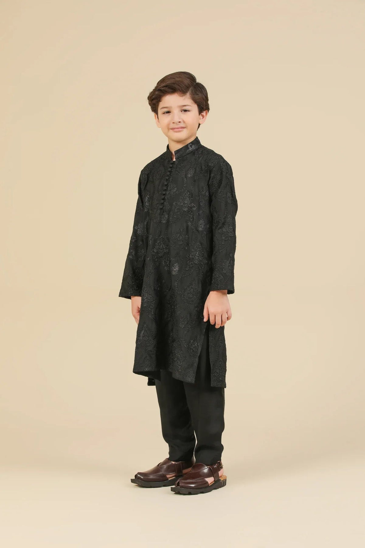 Zauq - Black Raw Silk Embroidered Kurta Trouser - Kids