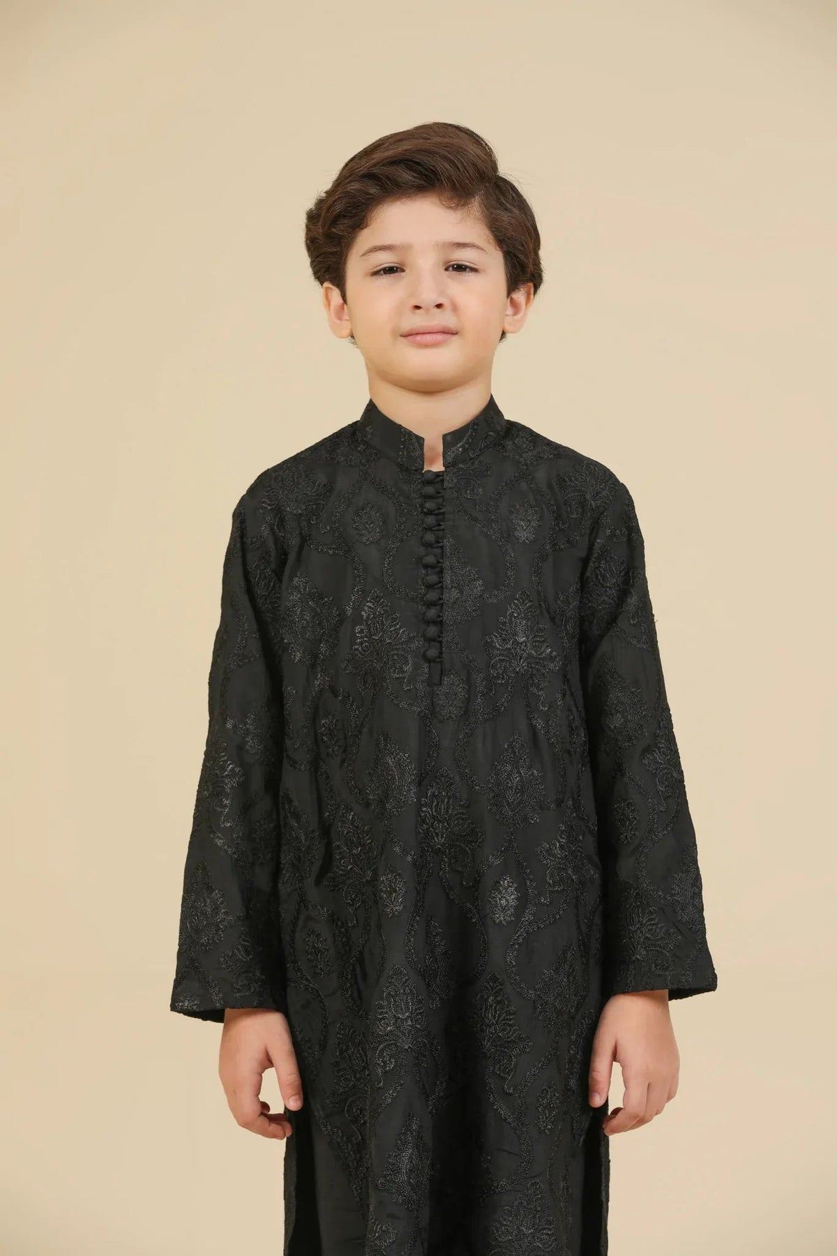 Zauq - Black Raw Silk Embroidered Kurta Trouser - Kids