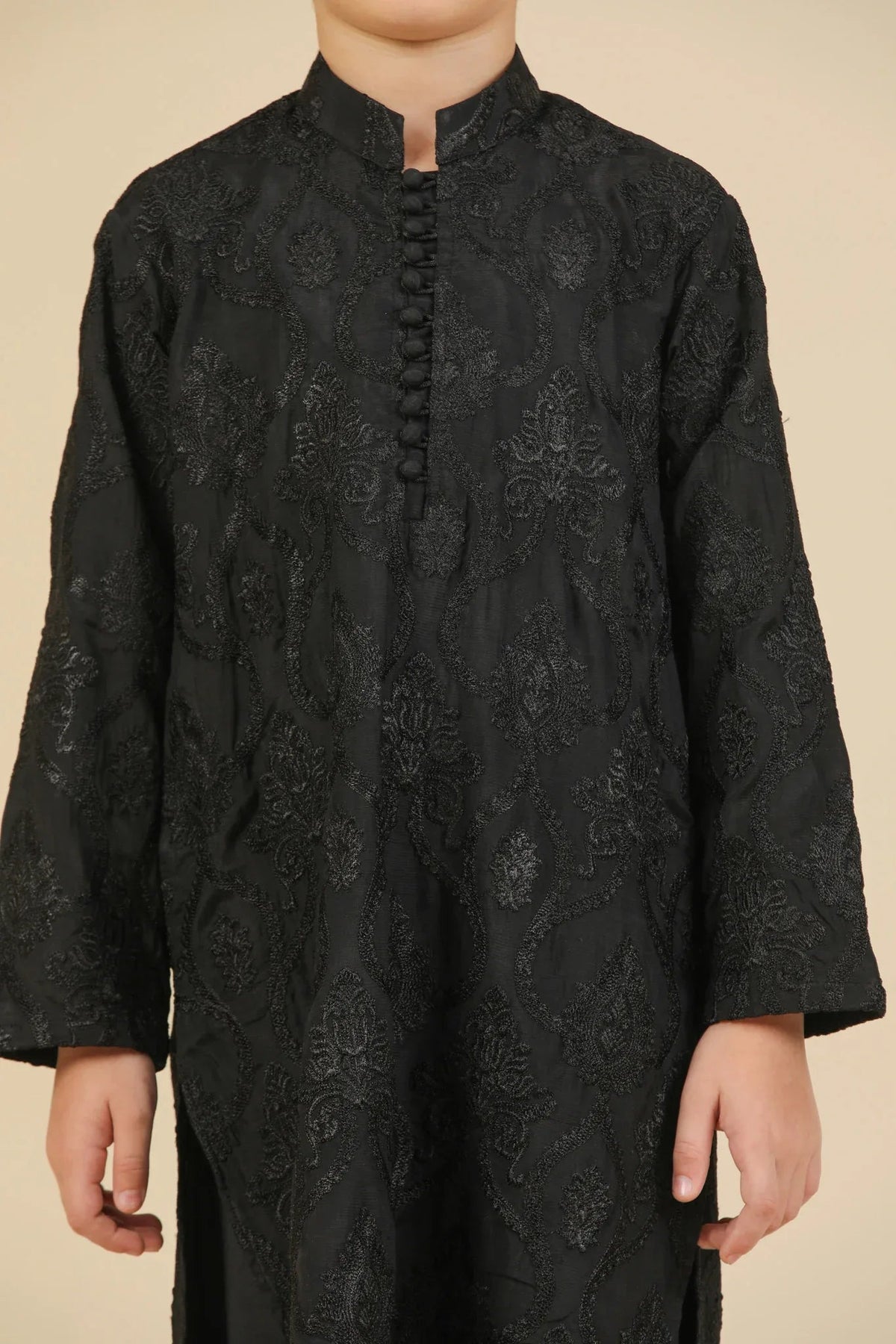 Zauq - Black Raw Silk Embroidered Kurta Trouser - Kids