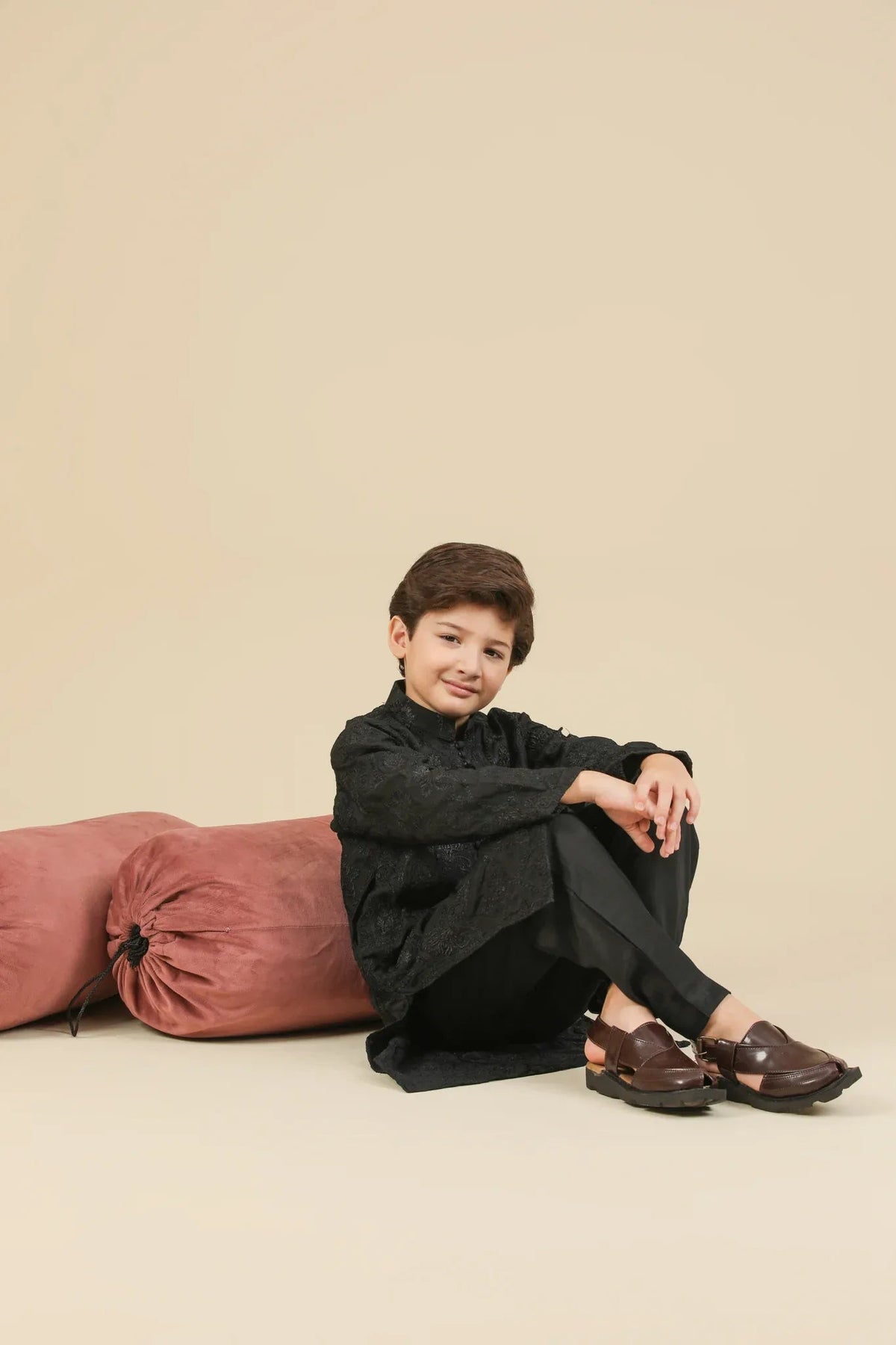 Zauq - Black Raw Silk Embroidered Kurta Trouser - Kids