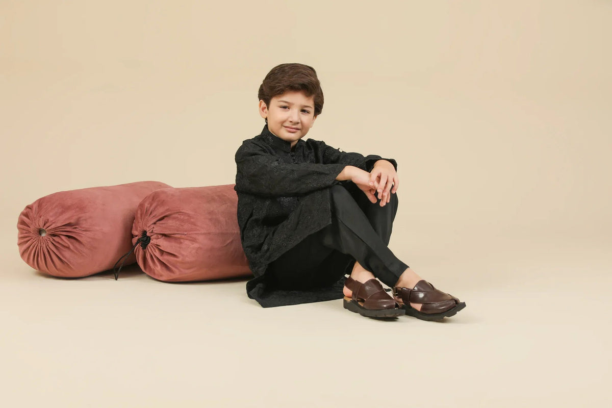Zauq - Black Raw Silk Embroidered Kurta Trouser - Kids