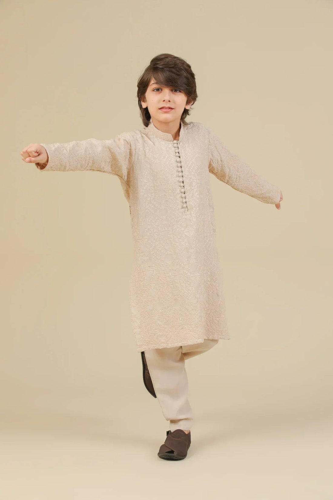 Tabir - Beige Raw Silk Embroidered Kurta Trouser - Kids