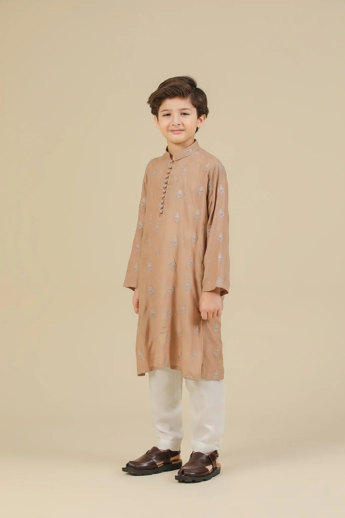 Mehrab - Sandstone Raw Silk Embroidered Kurta Trouser - Kids