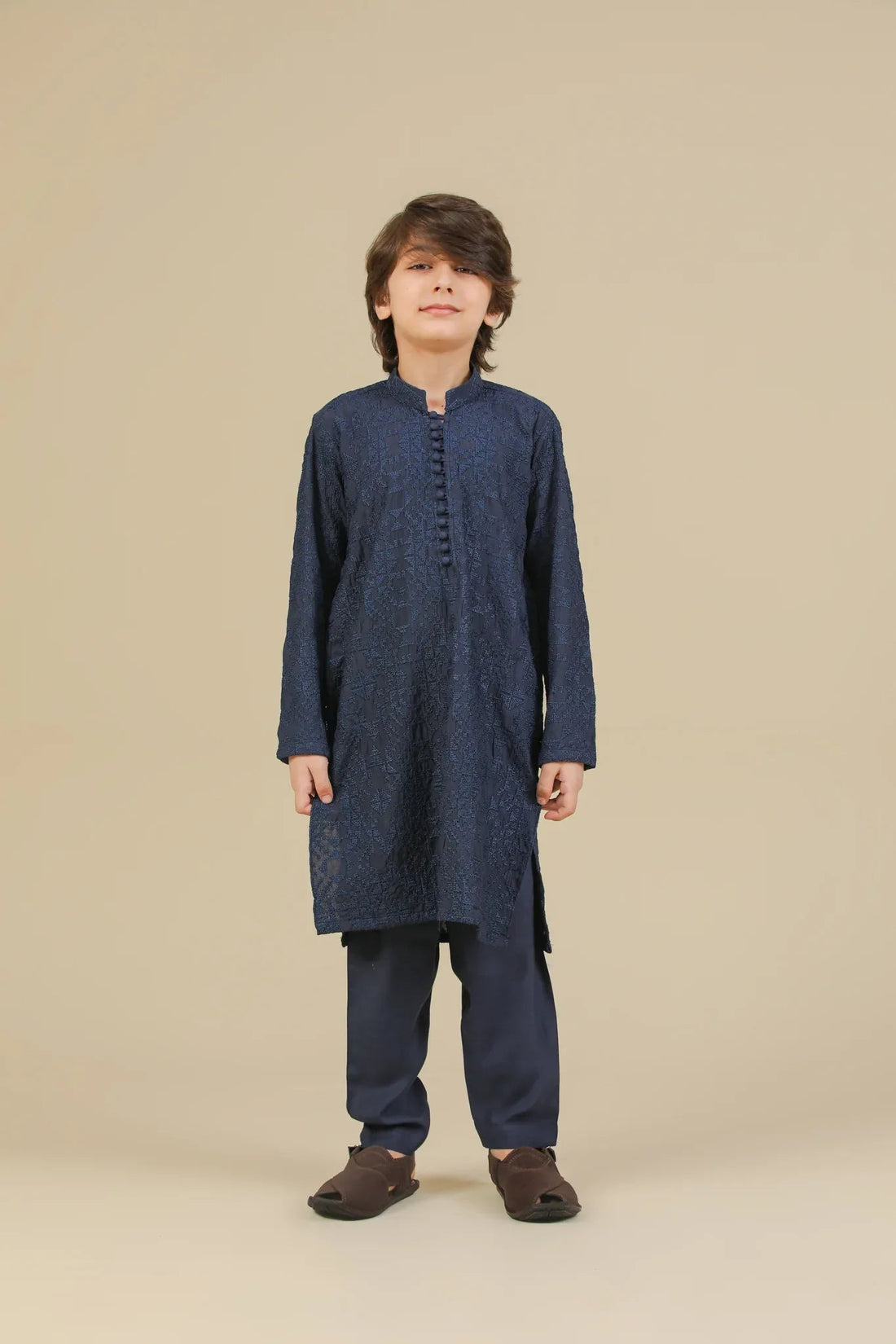 Feroz - Dark Blue Raw Silk Embroidered Kurta Trouser - Kids