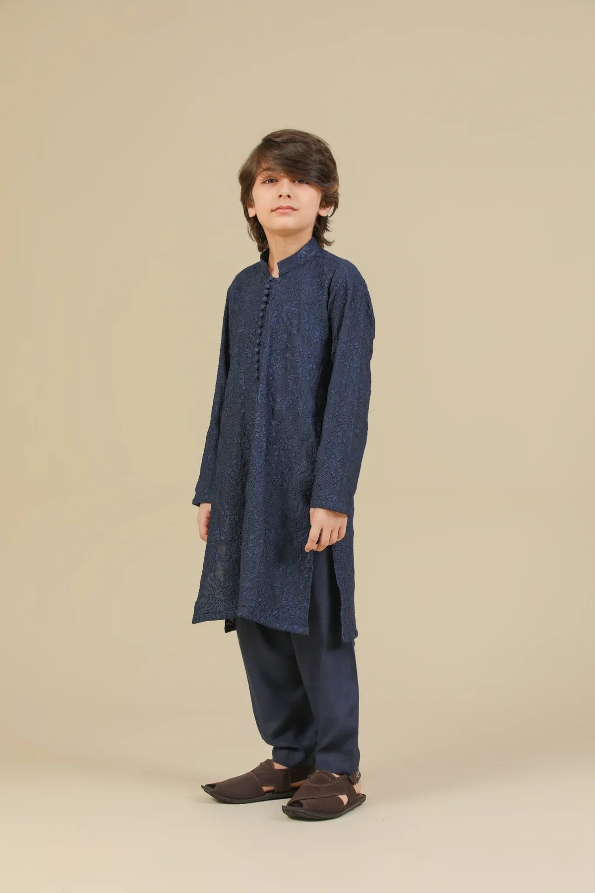 Feroz - Dark Blue Raw Silk Embroidered Kurta Trouser - Kids